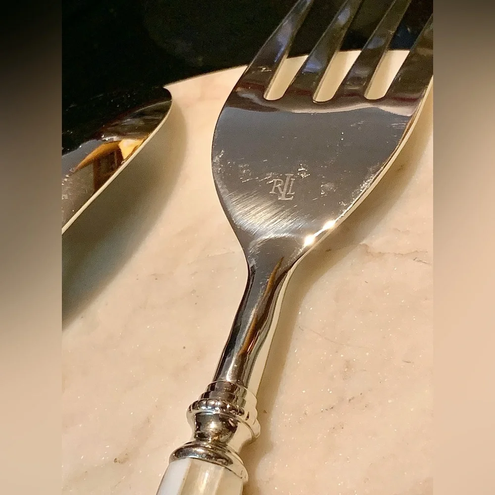RALPH LAUREN PEARL SALAD SERVERS SET NEW STAINLESS STEEL FORK SPOON